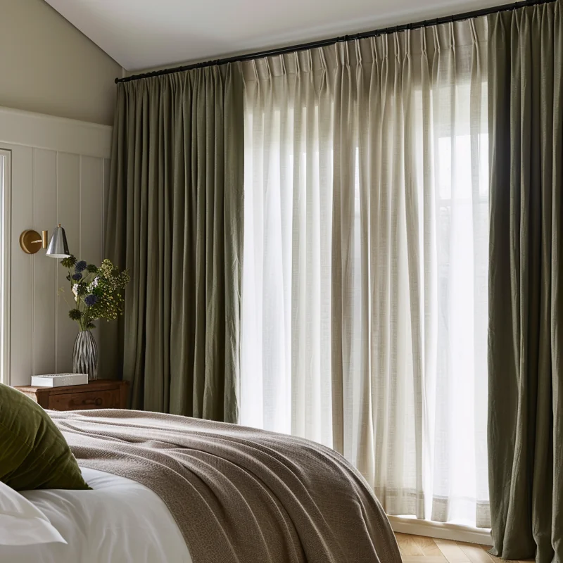 Modern bedroom featuring fully installed blackout curtains