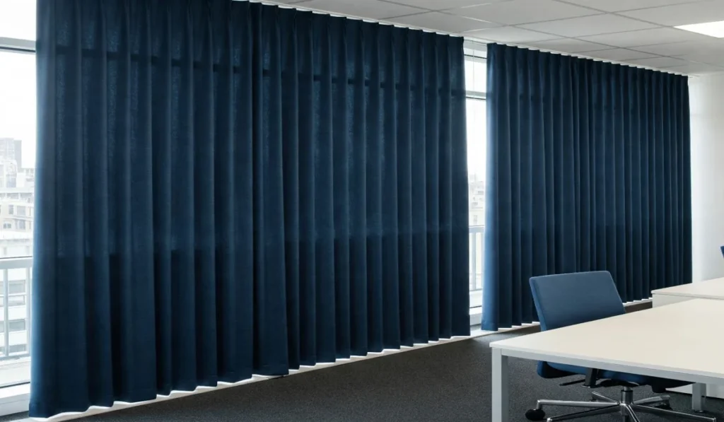 Office window covered with blackout curtains in commercial space