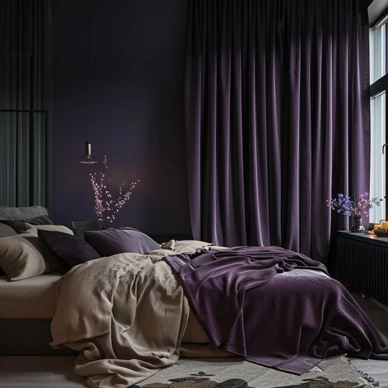 Elegant deep purple blackout curtains in contemporary bedroom