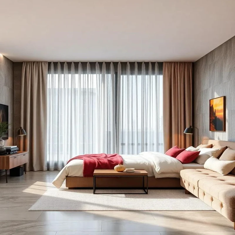 Modern layered curtains installed in contemporary bedroom