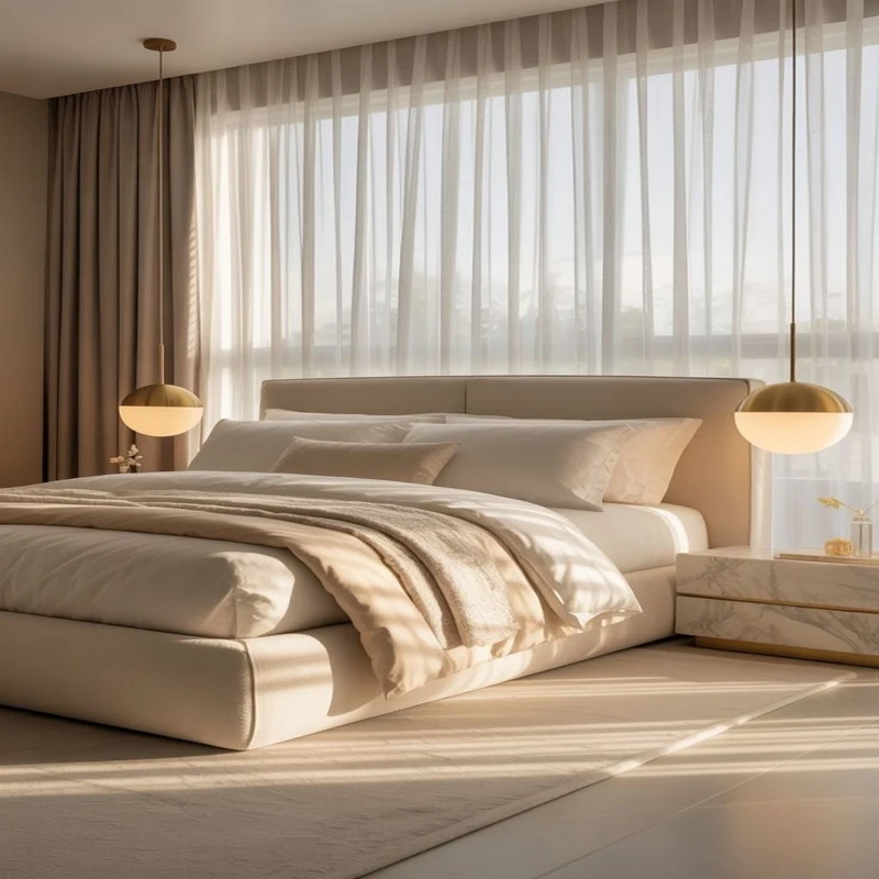 Neutral linen curtains fitted in newly designed bedroom