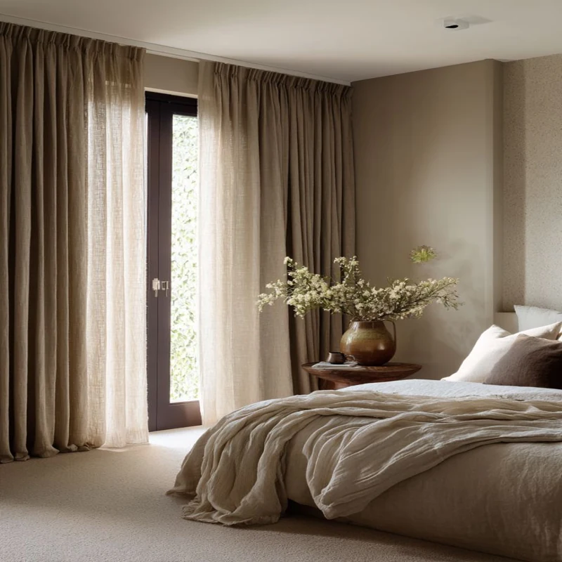 Soft fabric curtains in minimalist bedroom interior